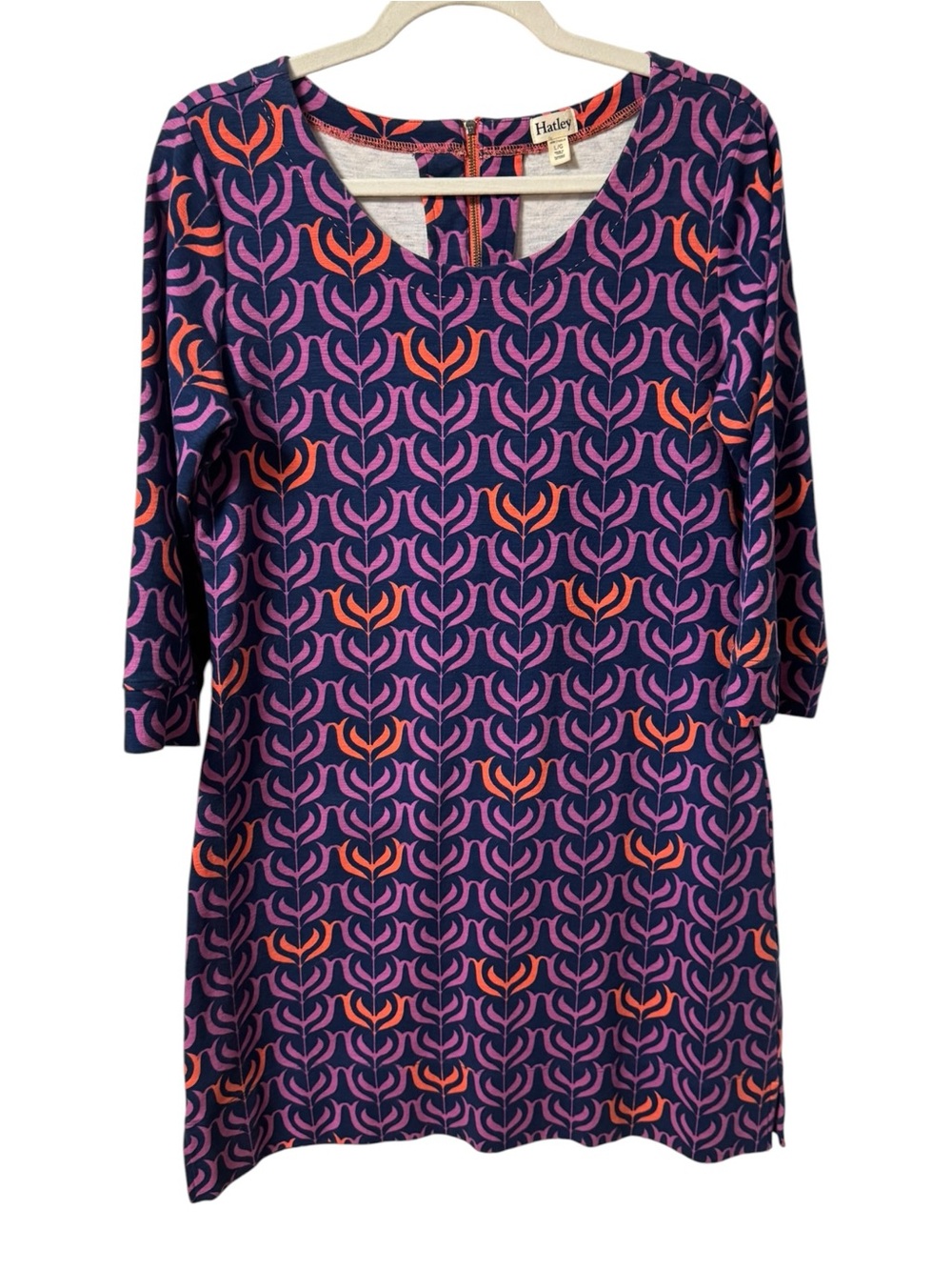 Hatley 3/4 Sleeve Cotton Shift Dress Large Blue Purple Orange Geometric Pattern